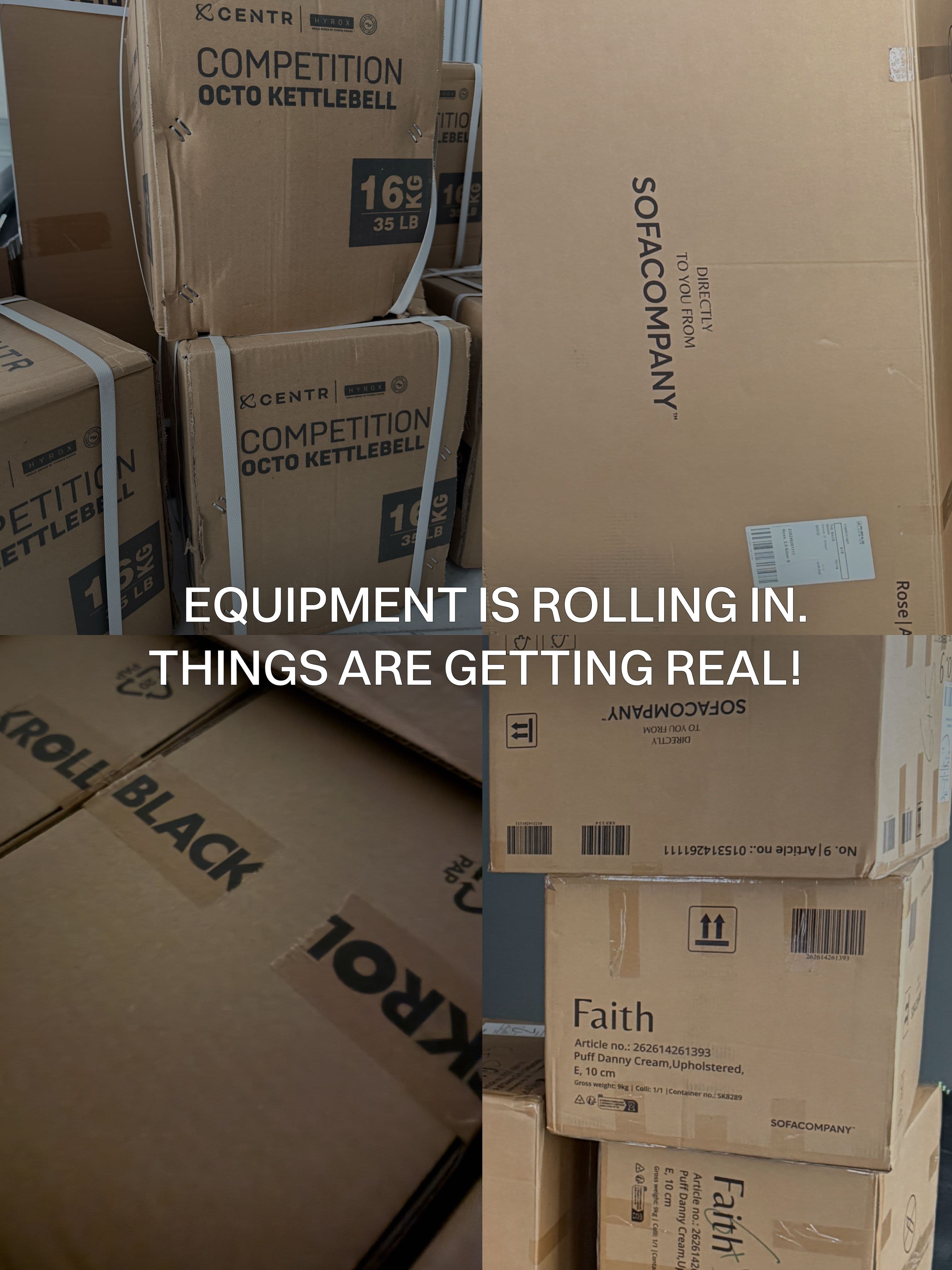 Boxes of CENTR HYROX kettlebells, BLACKROLL equipment and SOFACOMPANY furniture arriving for THE BACE.