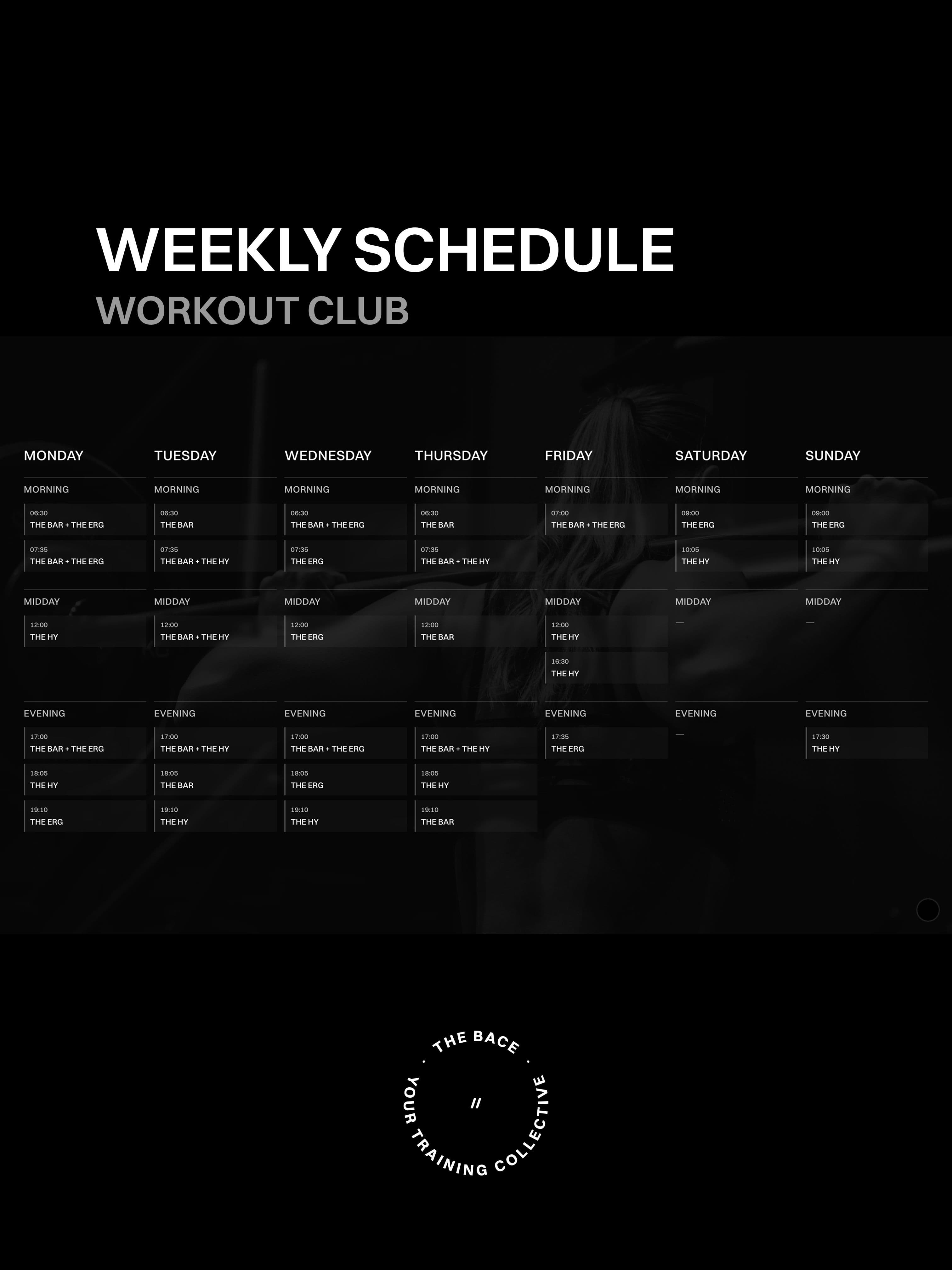 WORKOUT CLUB Wochenplan mit THE BAR, THE ERG und THE HY