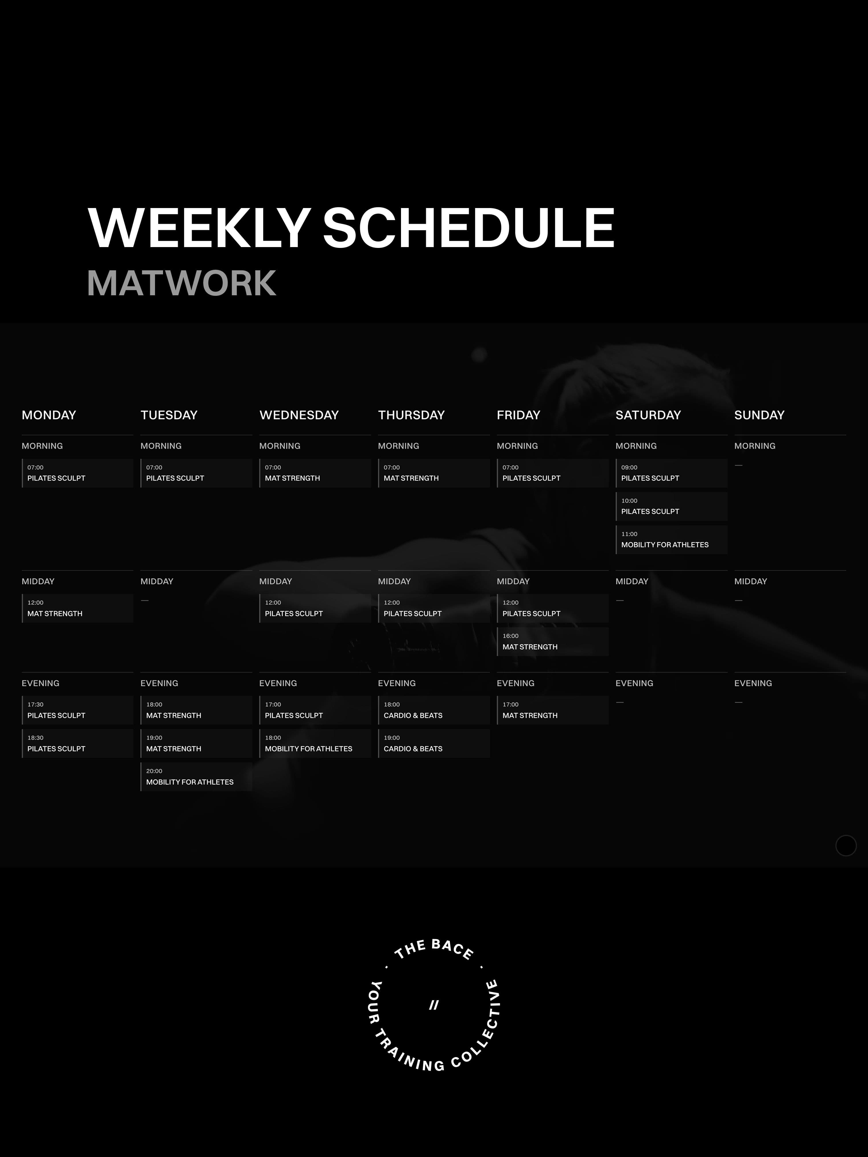 MATWORK Wochenplan mit Pilates Sculpt, Mat Strength, Mobility for Athletes und Cardio & Beats