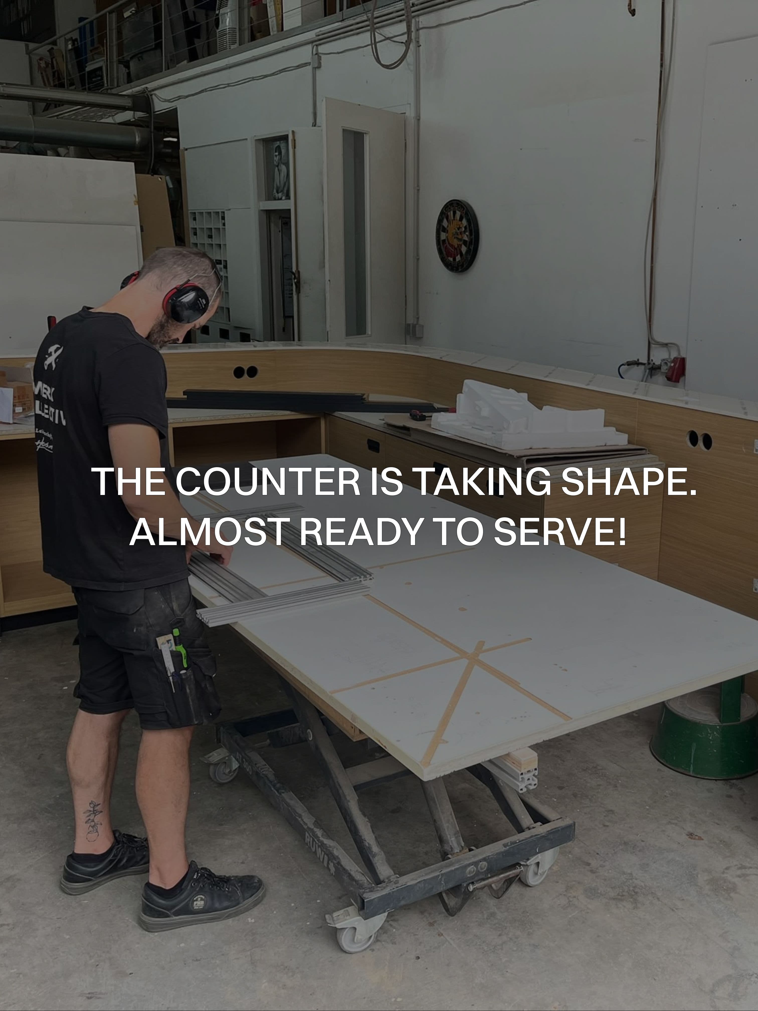 The curved counter is taking shape in the workshop and is almost ready to serve.