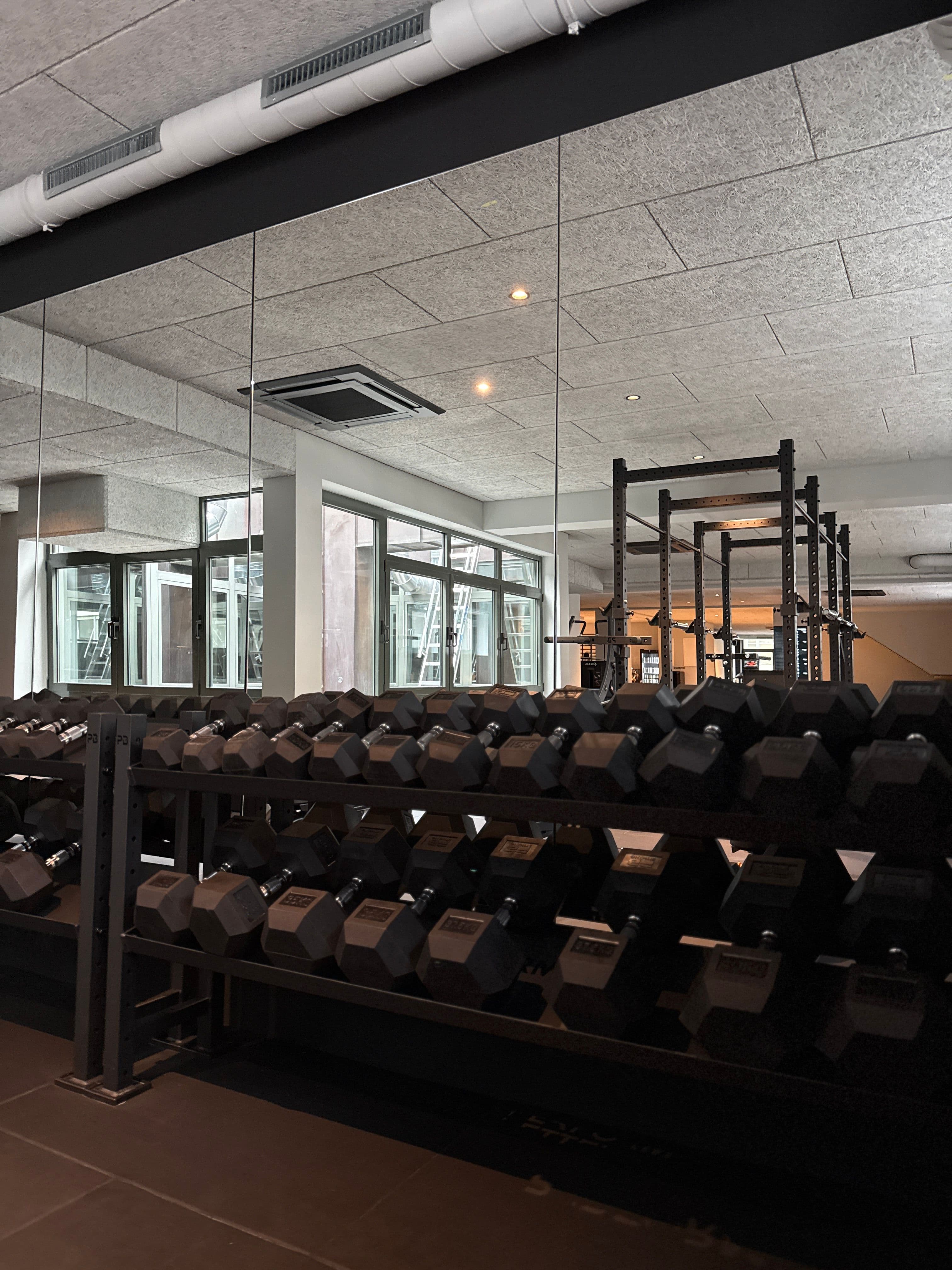 Dumbbell racks in front of the mirror wall in THE BACE’s free weights area.